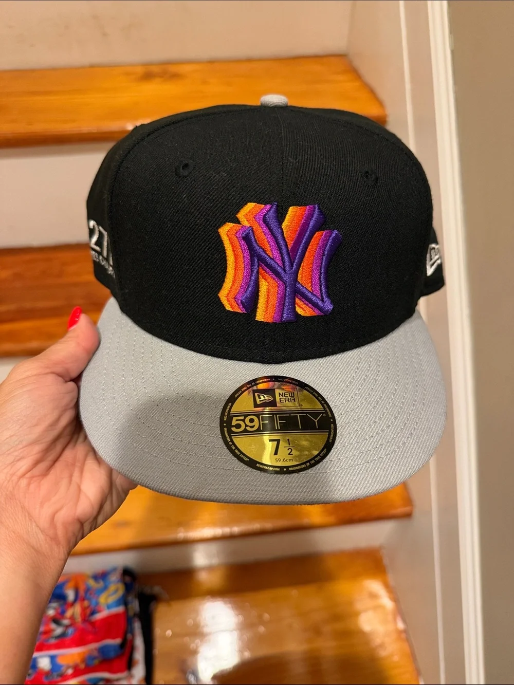 New Era Kids Black Crown Gray Brim NY Logo Cap with Orange & Purple Embroidery